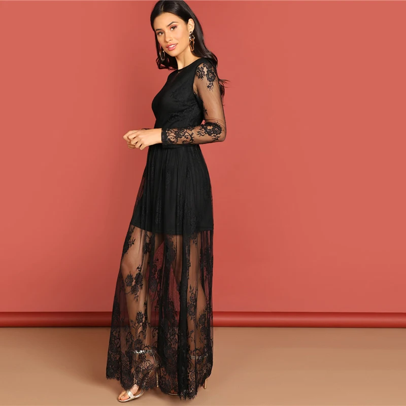 SHEIN Кружевное Платье С Глубоким V-Образным Вырезом Женское Черное Осеннее Элегантное Платье С Длинными Рукавами