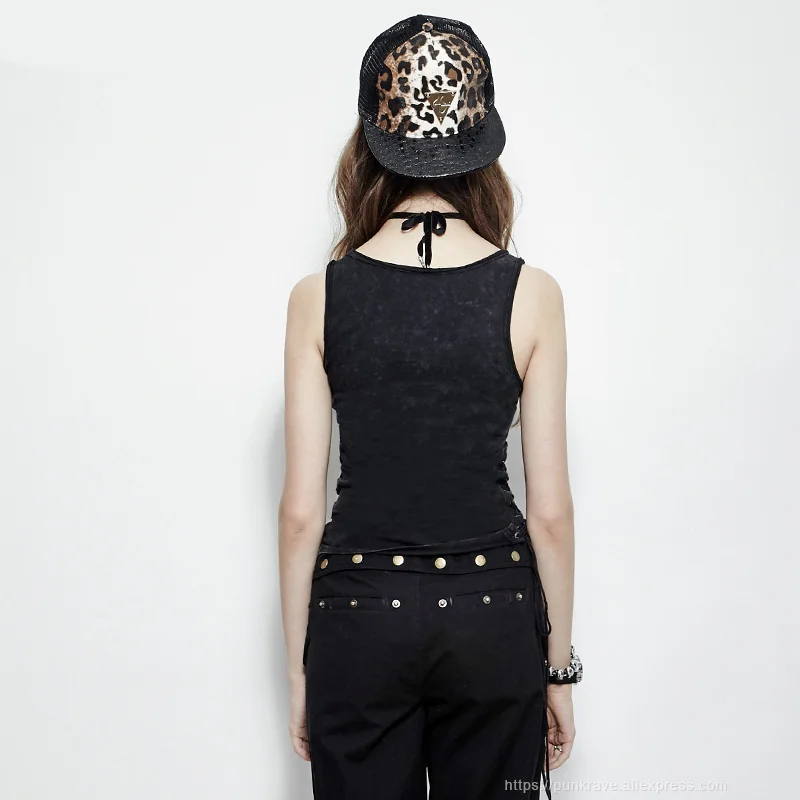 Панк рейв женский панк стиль черный облегающий жилет с кулиской кружевной боковой эластичный личности