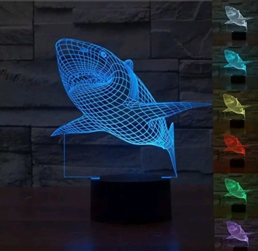 3D СВЕТОДИОДНЫЙ Ночник светодиодные фонари ночная Акула Иллюзия 7 цветов свет
