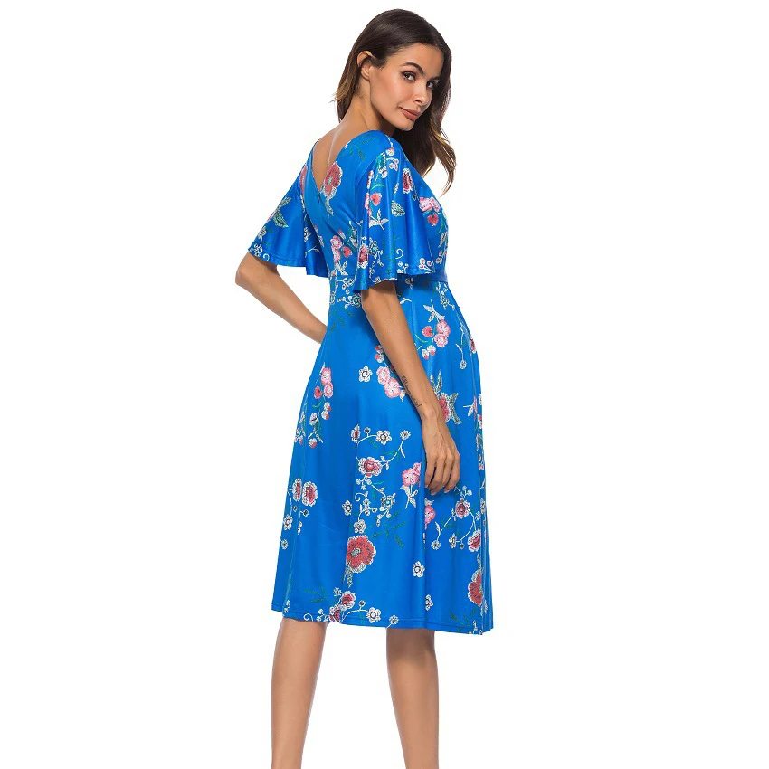 

New Summer Floral Pattern Blue Elegant Party Dress For Pregnant Women Brief Maternity Dresses With Belt D617