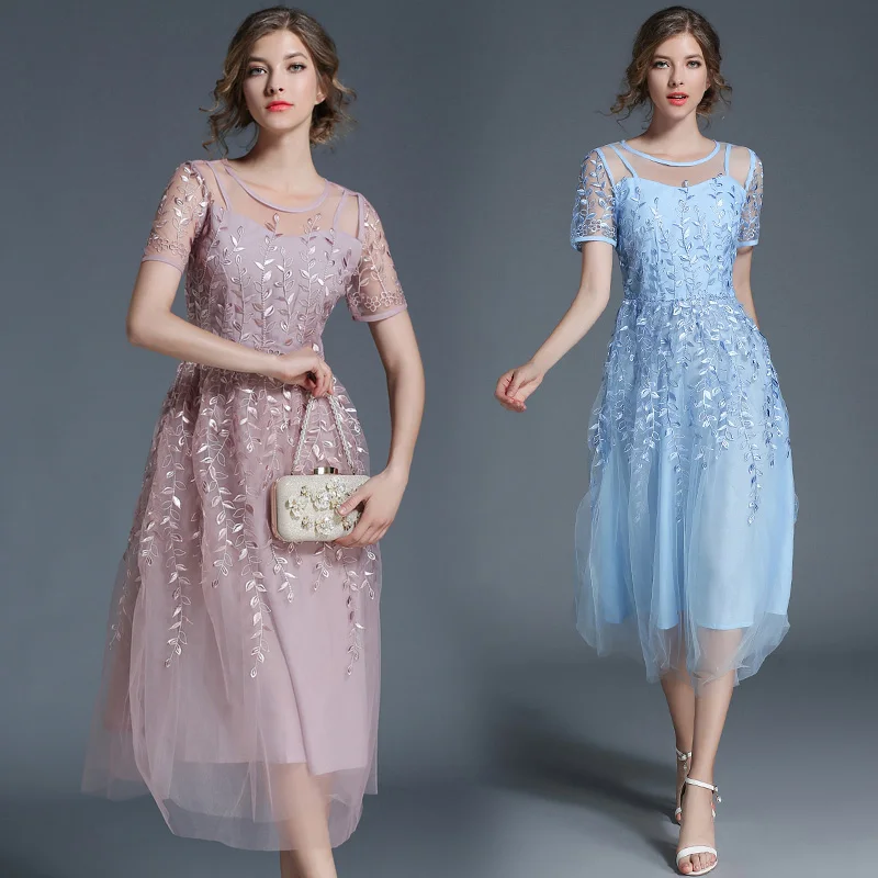

new spring and summer net yarn heavy embroidery long a-line lace dress with short sleeves european fashion women o neck vestido