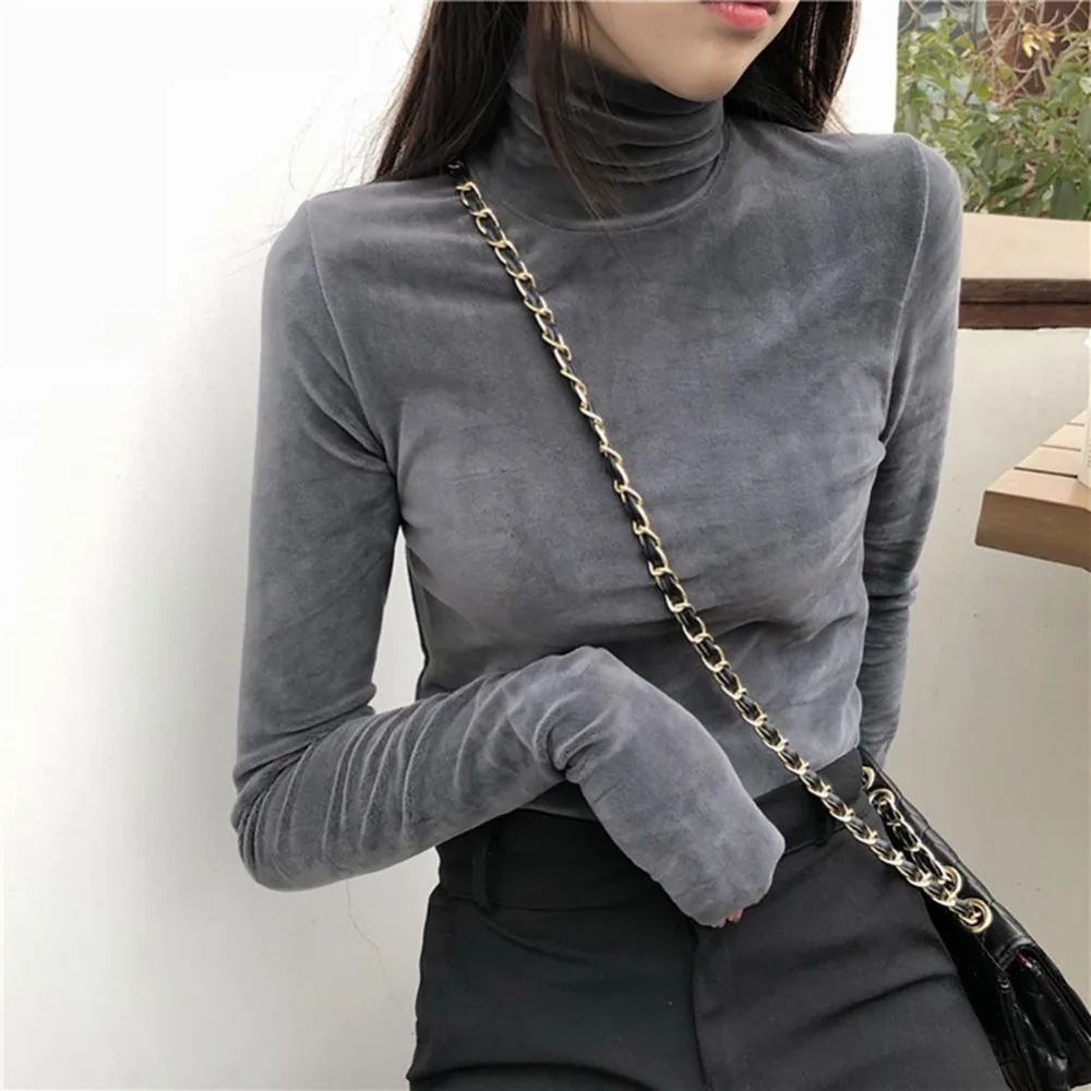 

Women t Shirt Warm Gold Velvet Pullovers Tops Winter Turtleneck Long Sleeve Camiseta High Collar Bottoming Slim Saco 2020