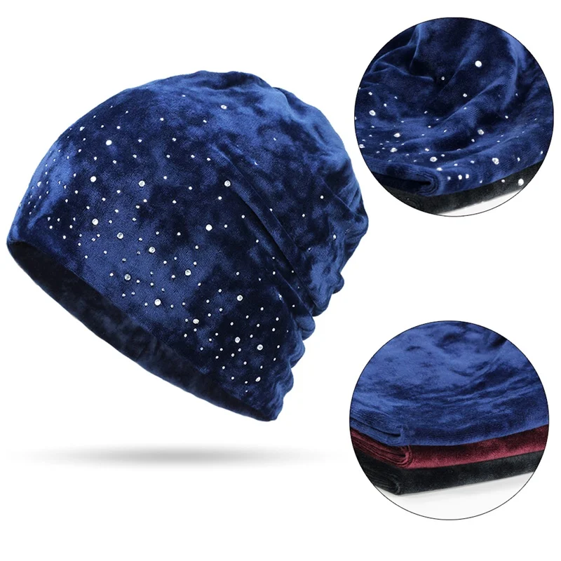 Новая мода Diamond Decorative шапочки шляпа бархатная зимняя женская шапка женская Skullies теплая мягкая шапка, вязаная шапка-носок женские Стразы