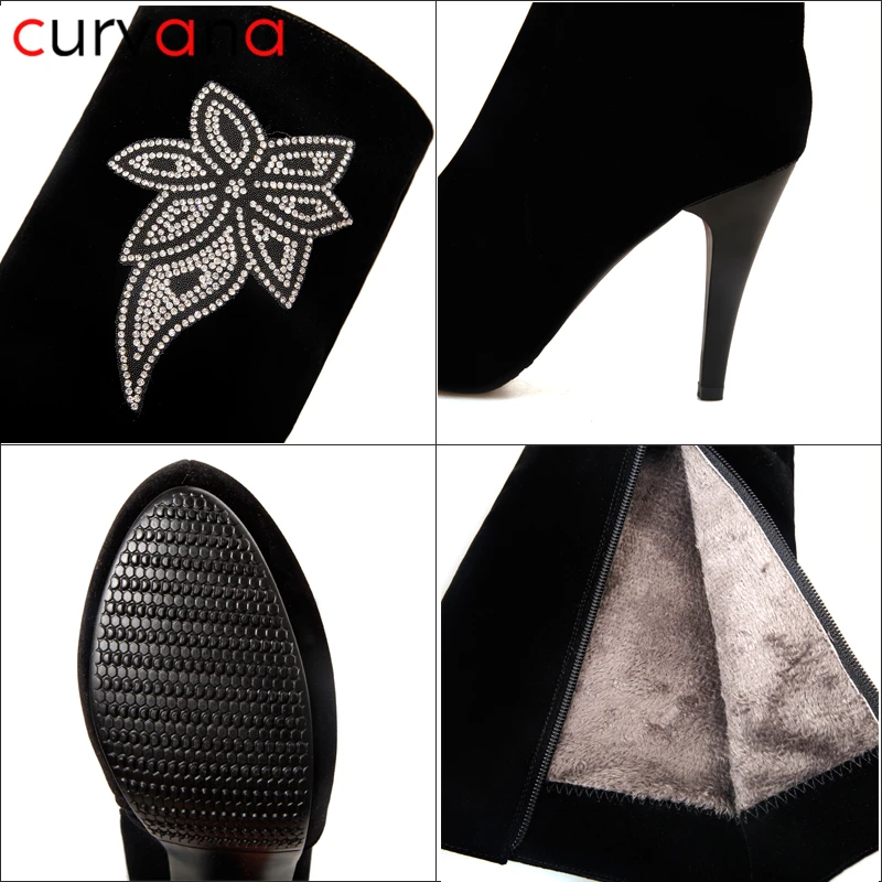 Floral Crystal Knee High Boots Basic Platform Faux Suede Heels Black Women Winter Bling Side Zip Thigh | Обувь