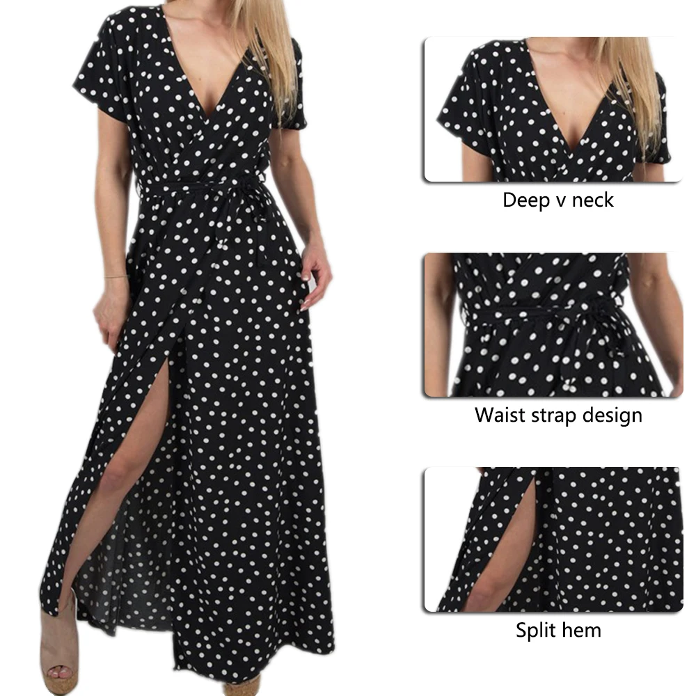 NIBESSER женское платье в горошек с высоким разрезом летнее сексуальное пляжное платье с v-образным вырезом в стиле бохо с коротким рукавом с поясом макси длинные платья размера плюс