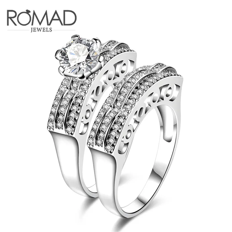 ROXI ROMAD Brand White Gold Color Double Rings For Women Three Rows Full Zircon Crystal Ring Set Wedding Bridal Jewelry Bijoux | Украшения