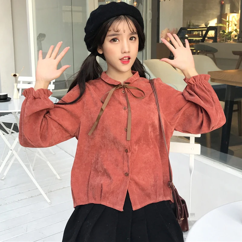 

2018 Spring New Women's Fresh Retro Corduroy Solid Color Shirt Bow Tie Bandwidth Loose Thin Nine Sleeves Casual Shirt Tops