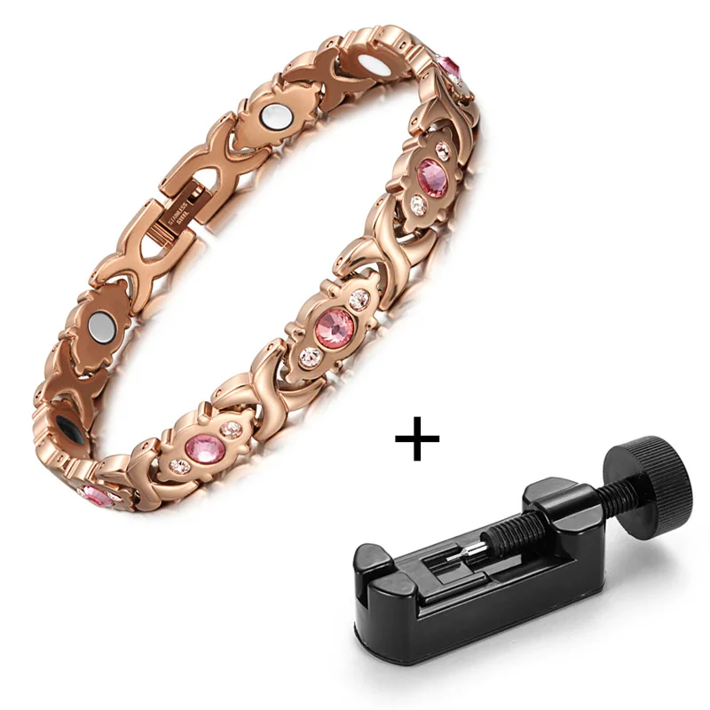 bracelet with adjust RainSo Розовый Кристалл Gem браслет магнитная здоровья био-энергии Браслеты розовое золото Модные украшения Рождественские подарки для Для женщин леди - Окраска металла: bracelet with adjust