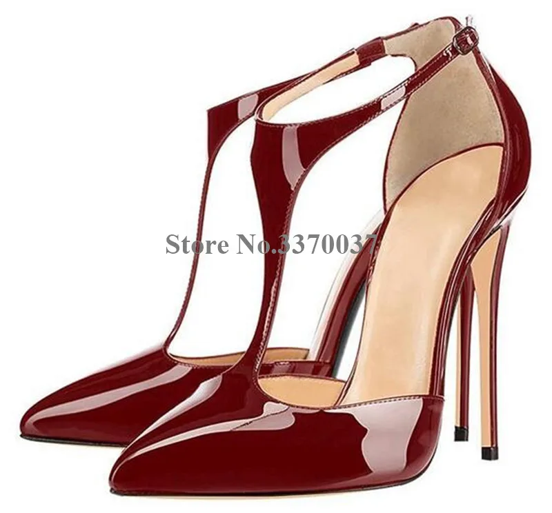 Top Fashion Women Pointed Toe Patent Leather T-strap Stiletto Heel Pumps Burgundy Green Silver High Heels Wedding Dress Shoes