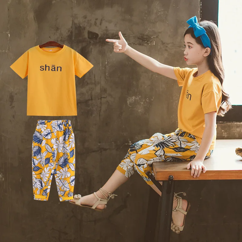 

Teenage Girls clothing sets casual sport suits letter t-shirt + leaf Printed pants bohemian Two Piece 4-13T kids vacation suits