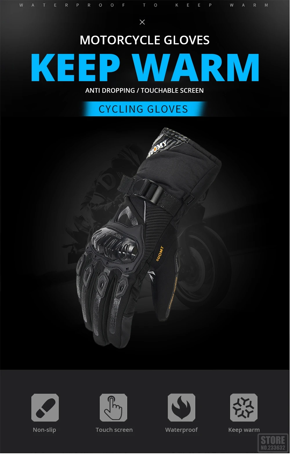 SUOMY Motorcycle Gloves Men Waterproof Windproof Winter Guantes Moto Gloves Touch Screen Motorbike Riding Gloves