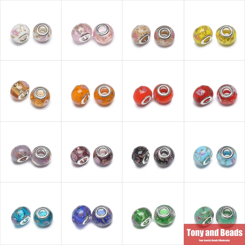 

10Pcs Gold Color Sand Lampwork Glass European Charm Beads 10x14mm