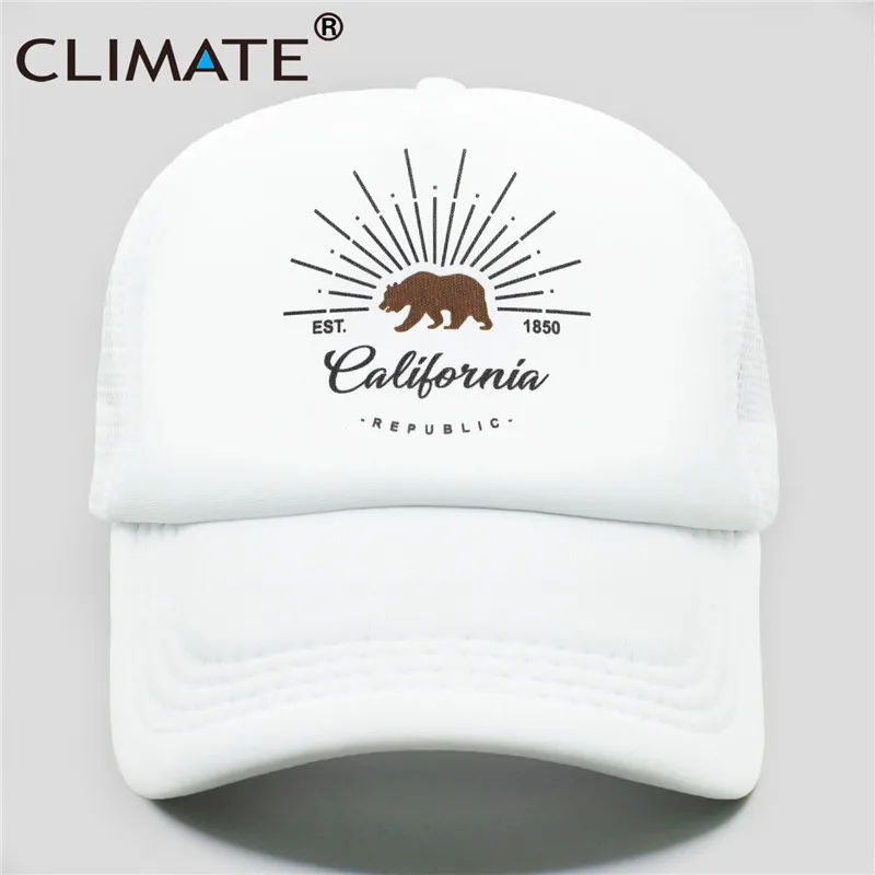 Full White Cap CLIMATE California Trucker, Кепка с изображением медведя, флага California, мужская, женская, хип-хоп, забавная Кепка, бейсбольная кепка, крутая, летняя, сетчатая Кепка - Цвет: Full White Cap