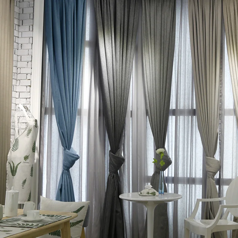 FINO Modern Blue solid Curtain Fabrics For Living Room Dark Gray Europe Curtains Window Panel Light brown Polyester Linen Drapes | Дом и сад