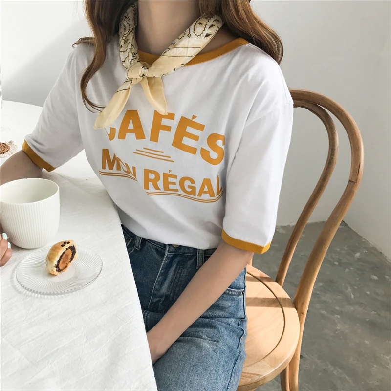 Eleindole летние женские футболки с буквенным принтом свободные o шеи короткий рукав