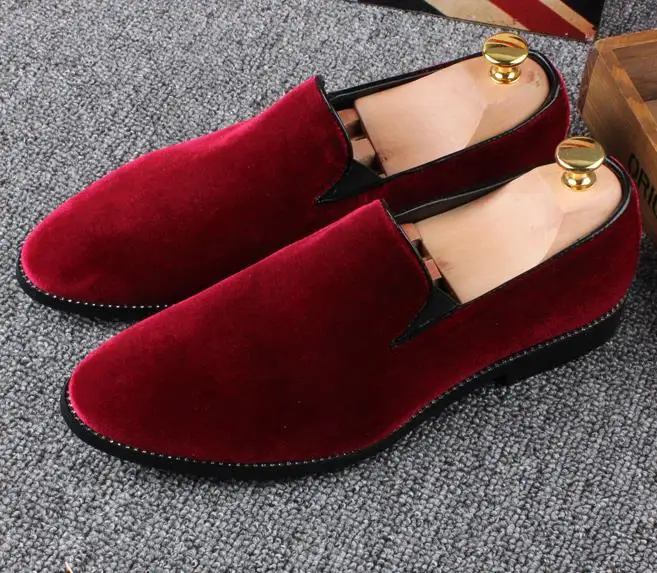 New 2020 Velvet Men Loafers Luxury Brand Shoes Slip on Pointed Toe Party Wedding Fashion Black Green Wine Red | Обувь