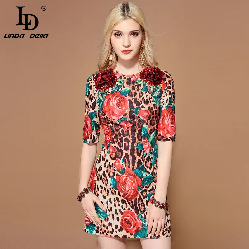 LD LINDA DELLA Fashion Runway Summer Dress Women's Half Sleeve Sequin Floral Leopard Print Sexy Elegant Short vestido | Женская