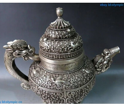 

decoration Tibet copper silver 12" China Tibet silver carved Foo Dos Lion Eight treasures dragon Teapot Statue A(0505)
