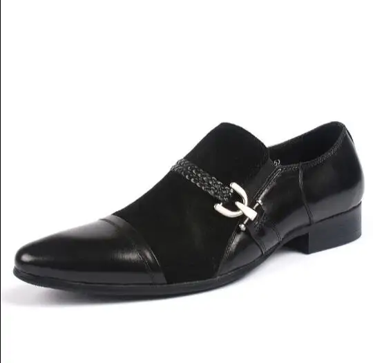 

British matte leather pointed toe shoes Men's business dress shoes Men's shoes leather slip-on patchwork shoes