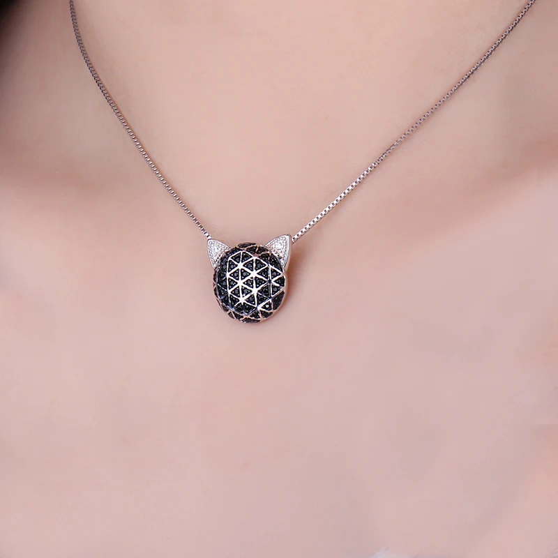 JewelryPalace Genuine Black Spinel Cubic Zirconia Cat Face Pendant Without Chain 925 Sterling Silver Pendants Necklaces Without