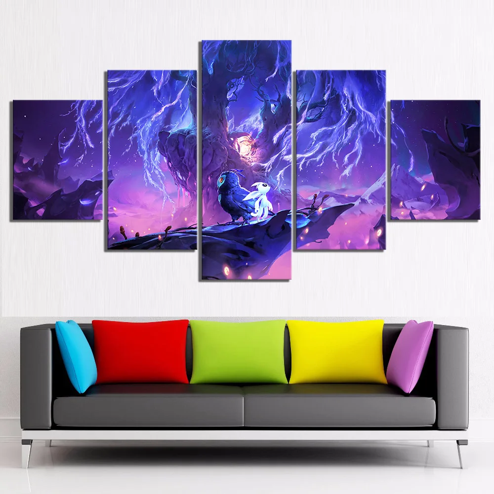 5 шт. мультфильм пейзаж плакат картины Ori и слепой лес игра плакат произведение искусства холст картины стены искусство для домашнего декора