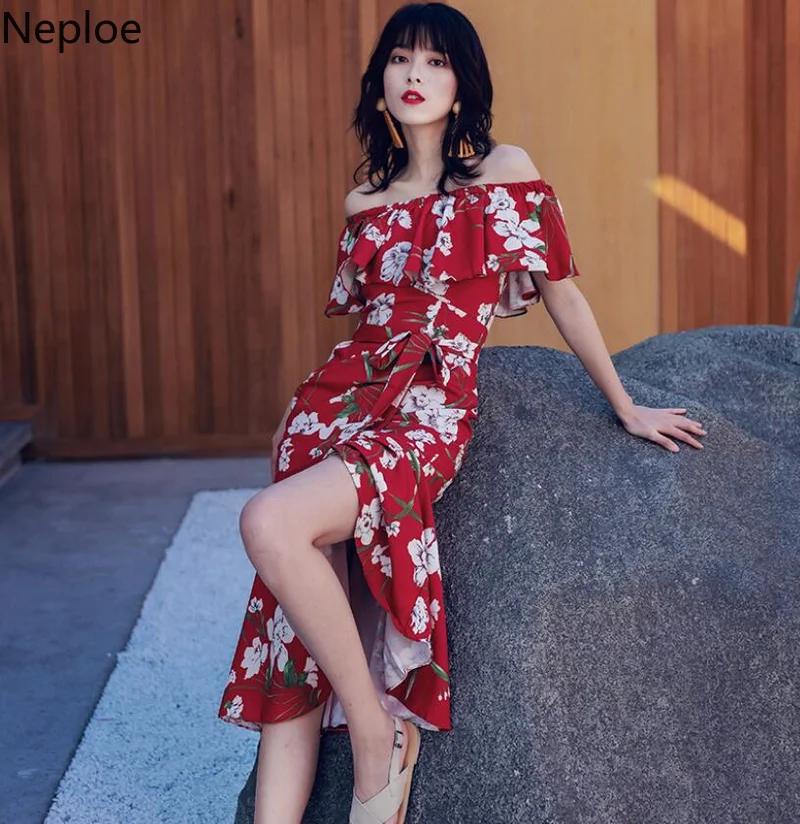Nepole 2019 летние выходные пляж стиль цветочный принт платье Spilt сексуальное Slash шеи