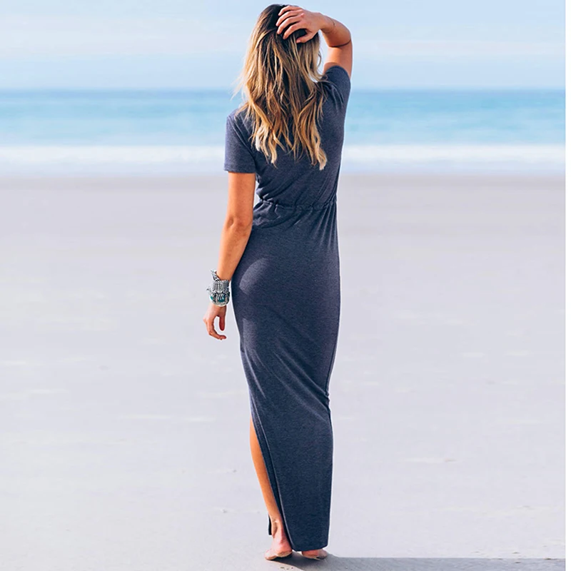 Женское длинное облегающее платье-макси с V-образным вырезом и коротким рукавом |