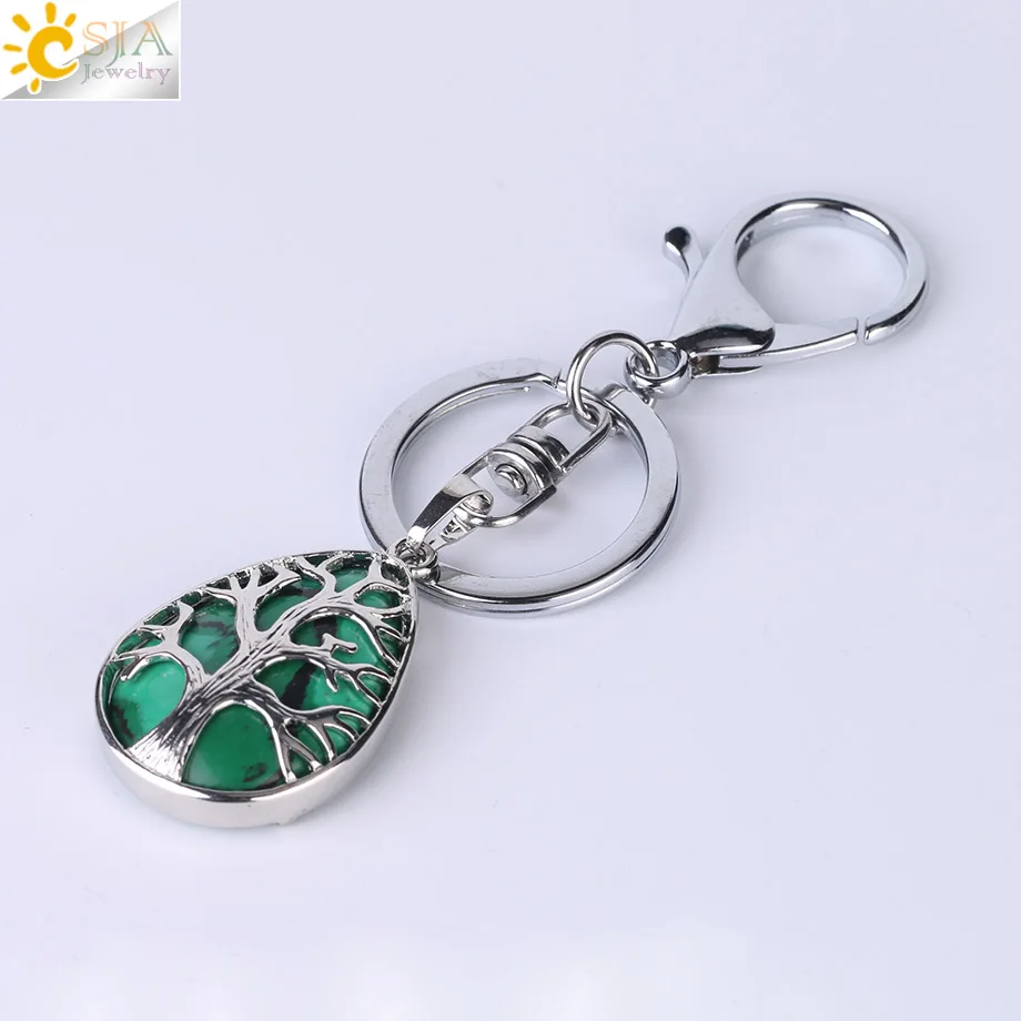 Malachite CSJA модные капли воды брелки для ключей брелок для ключей рейки натуральный драгоценный камень Дерево жизни кулон для автомобиля мотоцикл сумка F400 - Цвет: Malachite