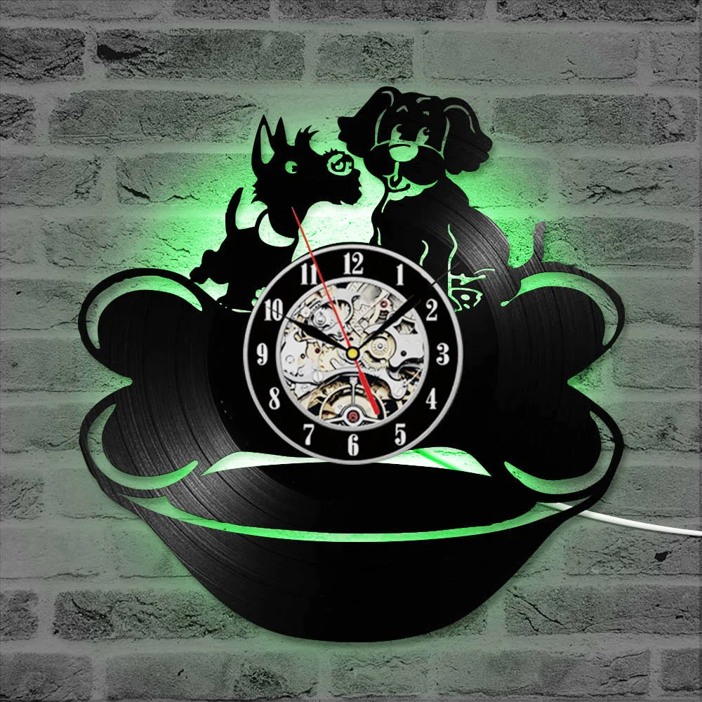 

Милые виниловые часы с изображением щенка, собаки с костями, светодиодные настенные часы для гостиной, бесшумные настенные часы в античном ...