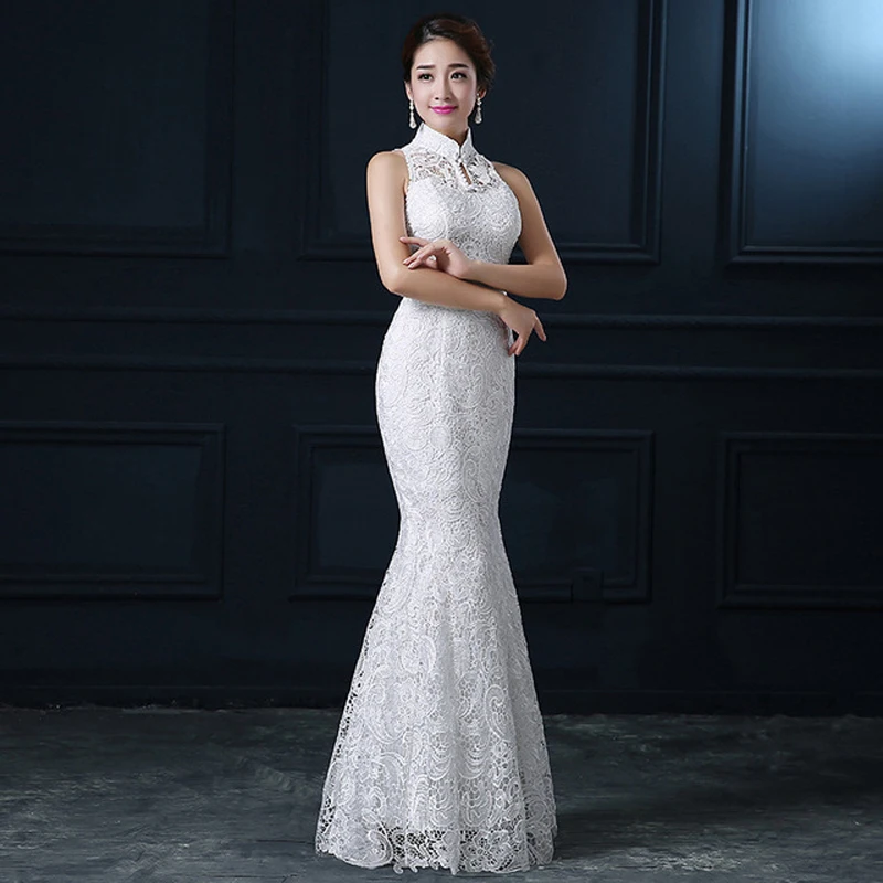 

Белое Кружевное традиционное современное китайское свадебное платье чонсам, женское Восточное сексуальное длинное вечернее платье-Русалк...