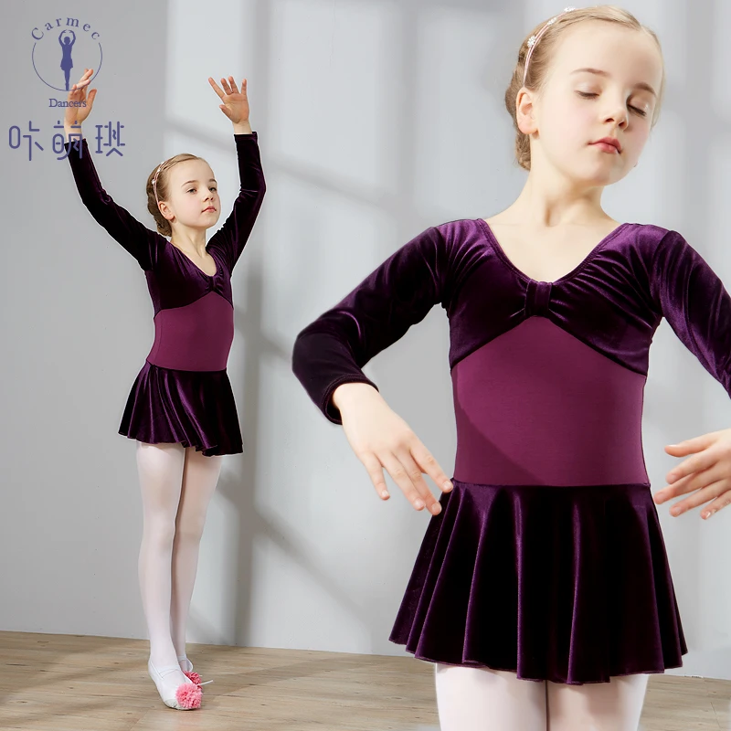 

New Children's Golden Velvet Dance Clothing Girls Long Sleeve Dancing Suit Kids Ballet Skirt Autumn Winter Dancing Wear B-6275
