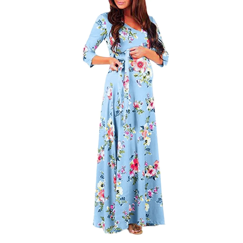 light blue Женское платье для беременных с v-образным вырезом и длинными рукавами; платье для беременных с цветочным принтом; сарафан для беременных; moda gestante maternidad ropa - Цвет: light blue