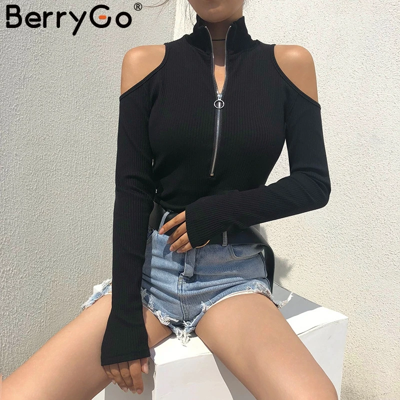 BerryGo Водолазка белая женская боди из хлопка с длинным рукавом на молнии открытыми