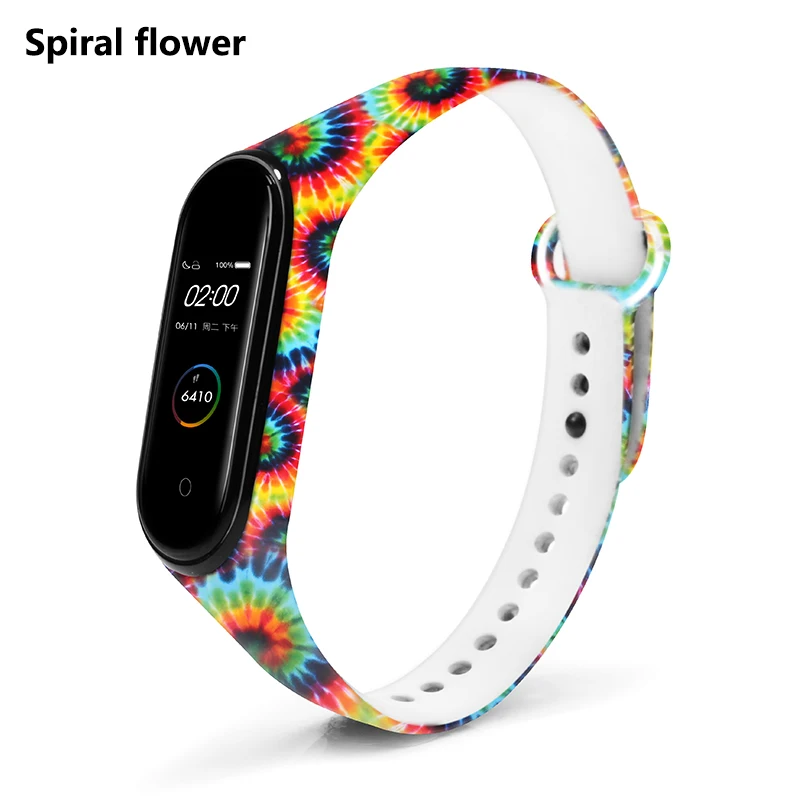 Spiral flowers BOORUI Mi band 4 ремешок для xiaomi mi band 4 аксессуары pulsera inteligente силиконовый пояс с цветами Замена для m4 band - Цвет: Spiral flowers