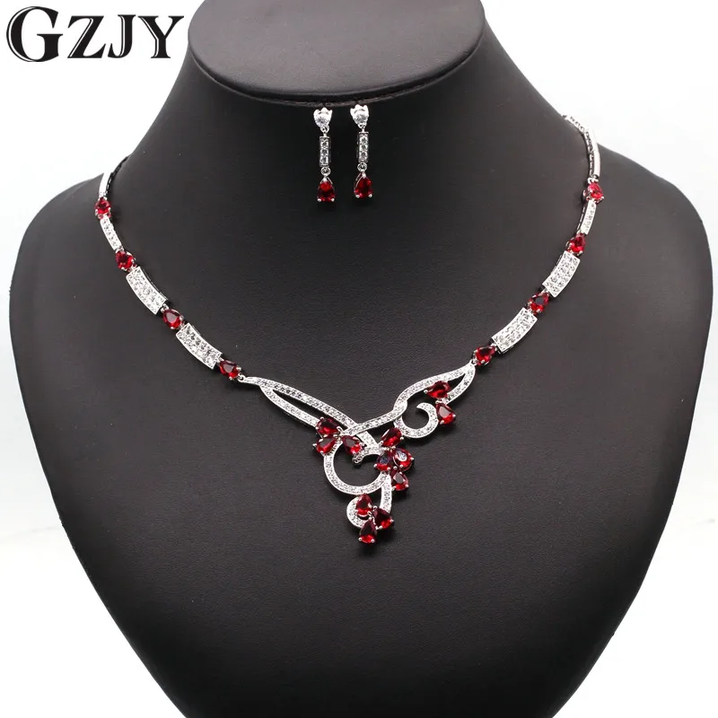 red GZJY Роскошный Золотой Цвет капли воды многоцветный циркон ожерелье серьги Свадебные Ювелирные наборы для женщин Свадебные - Окраска металла: red