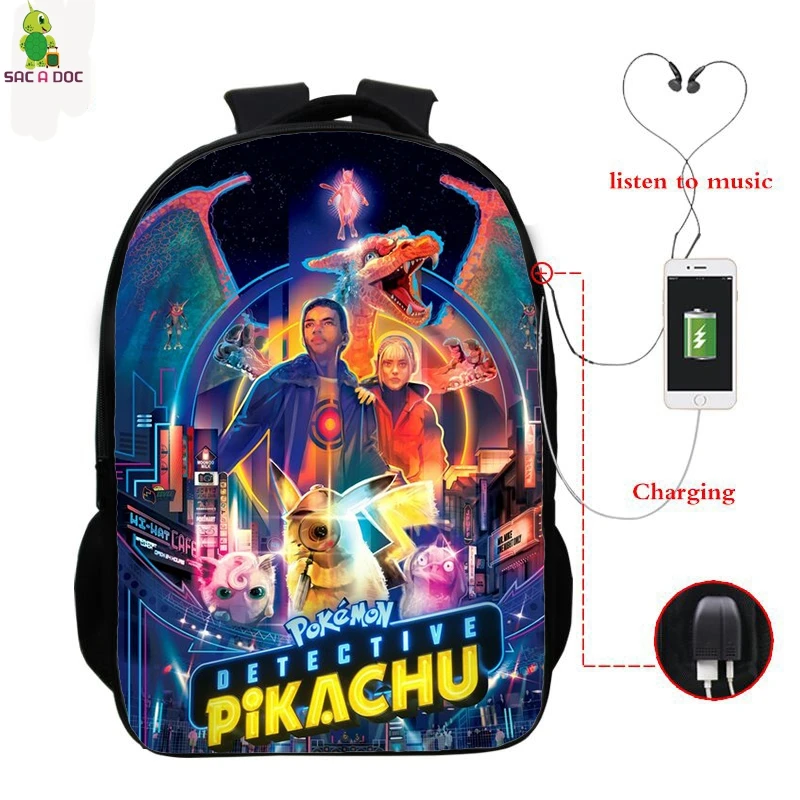 Серый Pokemon Detective Pikachu USB Рюкзак 16 дюймов школьные рюкзаки для подростков мальчиков и девочек рюкзак Пикачу рюкзак для ноутбука - Цвет: Серый