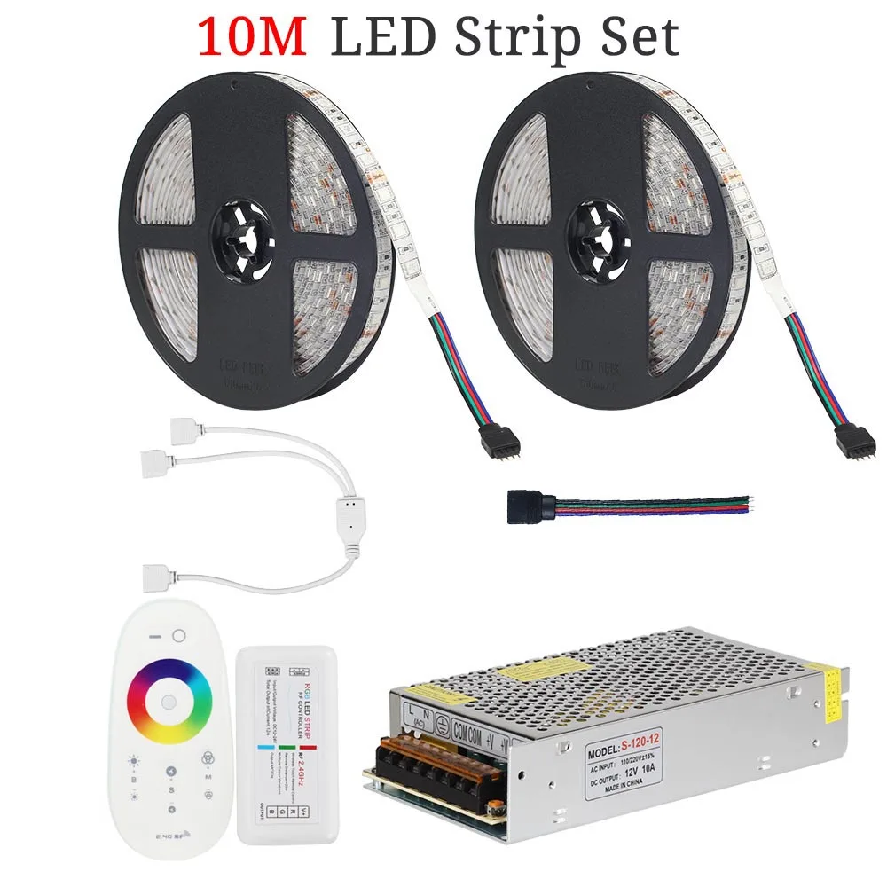 DC12V 5050 Светодиодные ленты RGB/RGBW/RGBWW 5 м 10 м 20 м Декодер каналов кабельного телевидения Светодиодные ленты 5050 RGB 60 Светодиодный s/M+ сенсорный пульт дистанционного управления+ 12V Мощность адаптер - Испускаемый цвет: 10Meters Set