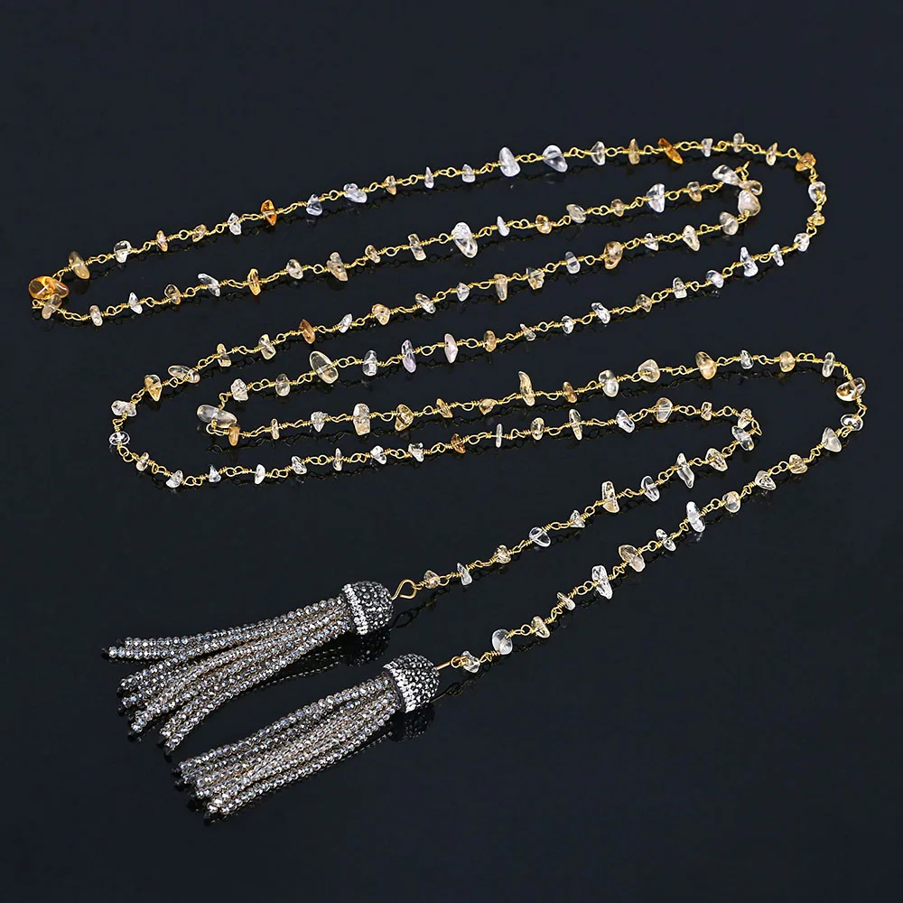 

Handmade Sweater Necklace Labradorite Citrine Chips Bead Chain Necklace Double Grey Green Crystal Tassel Long Necklace For Women