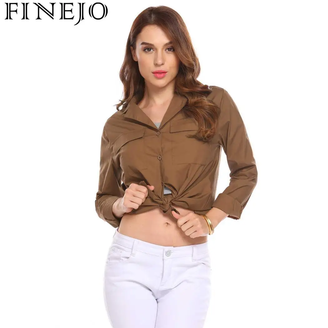 FINEJO блузка Blusas Женская Осенняя длинная Повседневная на пуговицах с длинным