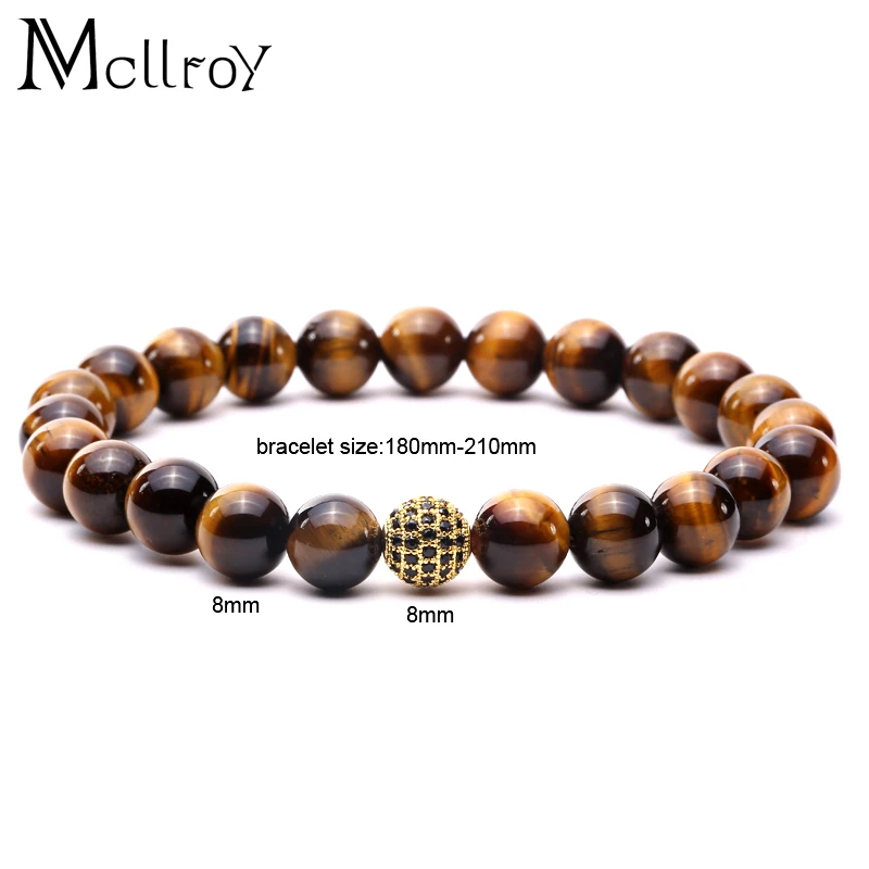 Mcllroy браслеты и Тигровый глаз натуральный камень 8 мм микро проложить черный CZ