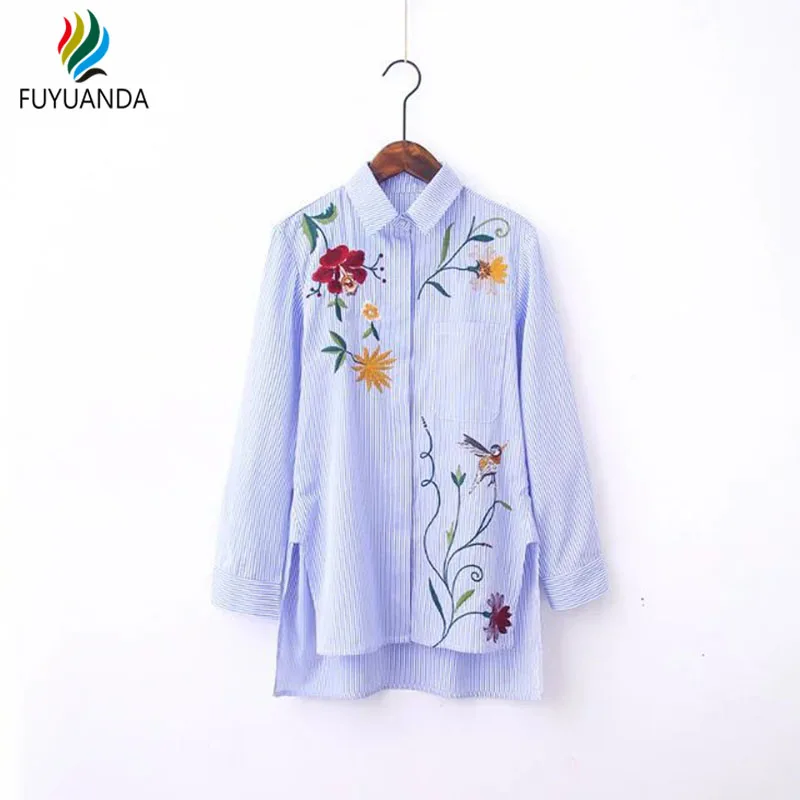 2017 Офис Синий Блузка Для Женщин С Длинным Рукавом Цветочные Рубашки отложной