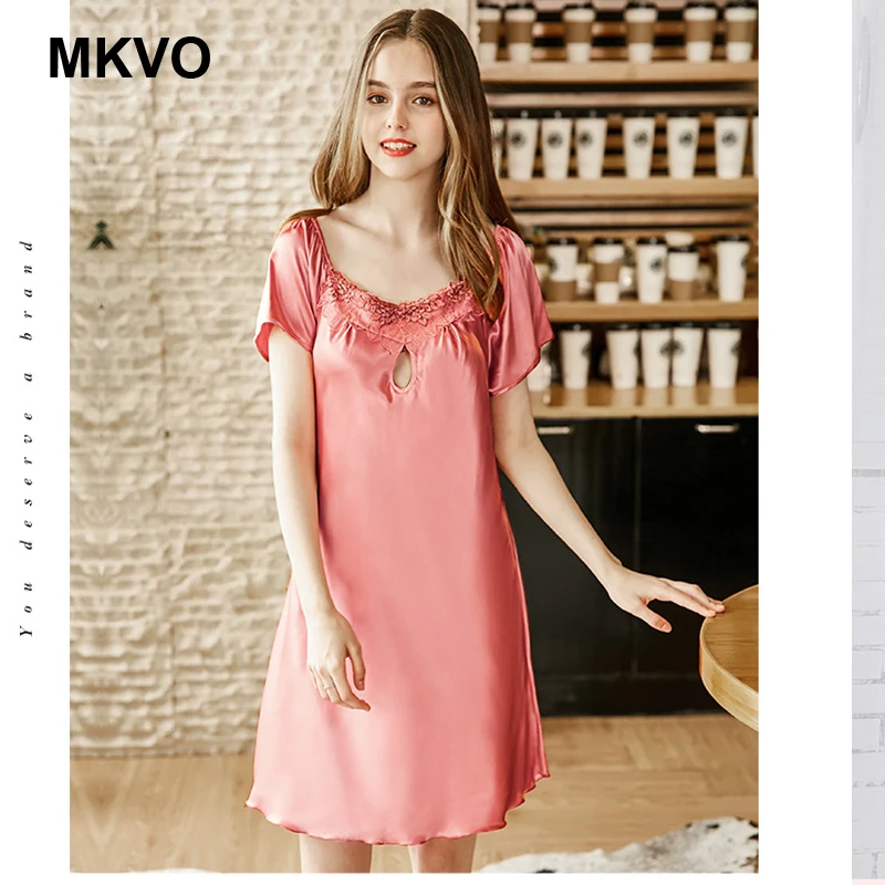 Черная шелковая ночная рубашка Летняя с коротким рукавом сексуальное кружевное