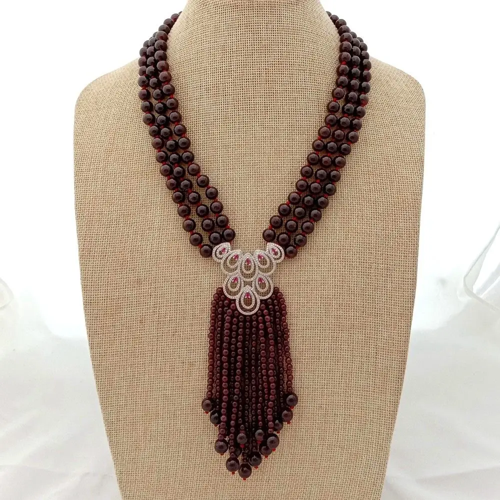 Women's 19'' 3Strands Round Garnet Necklace CZ Pendant | Украшения и аксессуары