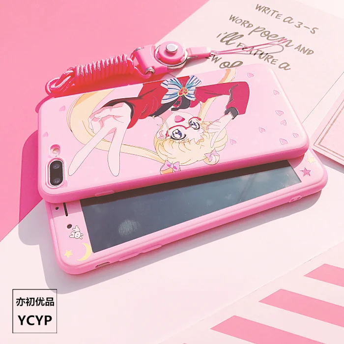 For iphone X Cute Sailor Moon Case +Tempered Glass Screen film for 7 8 8plus 6 6S plus Pink cover + Strap +Metal Gift box |