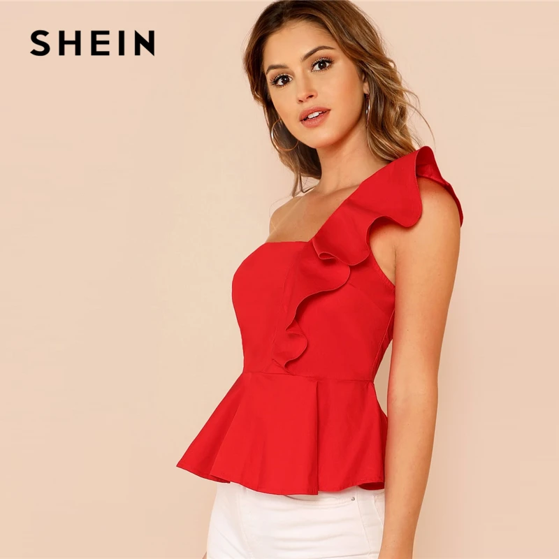 SHEIN гламурный красный топ с оборкой на одно плечо и баской, Приталенный топ с баской, блузка с коротким рукавом, женские весенние элегантные блузки