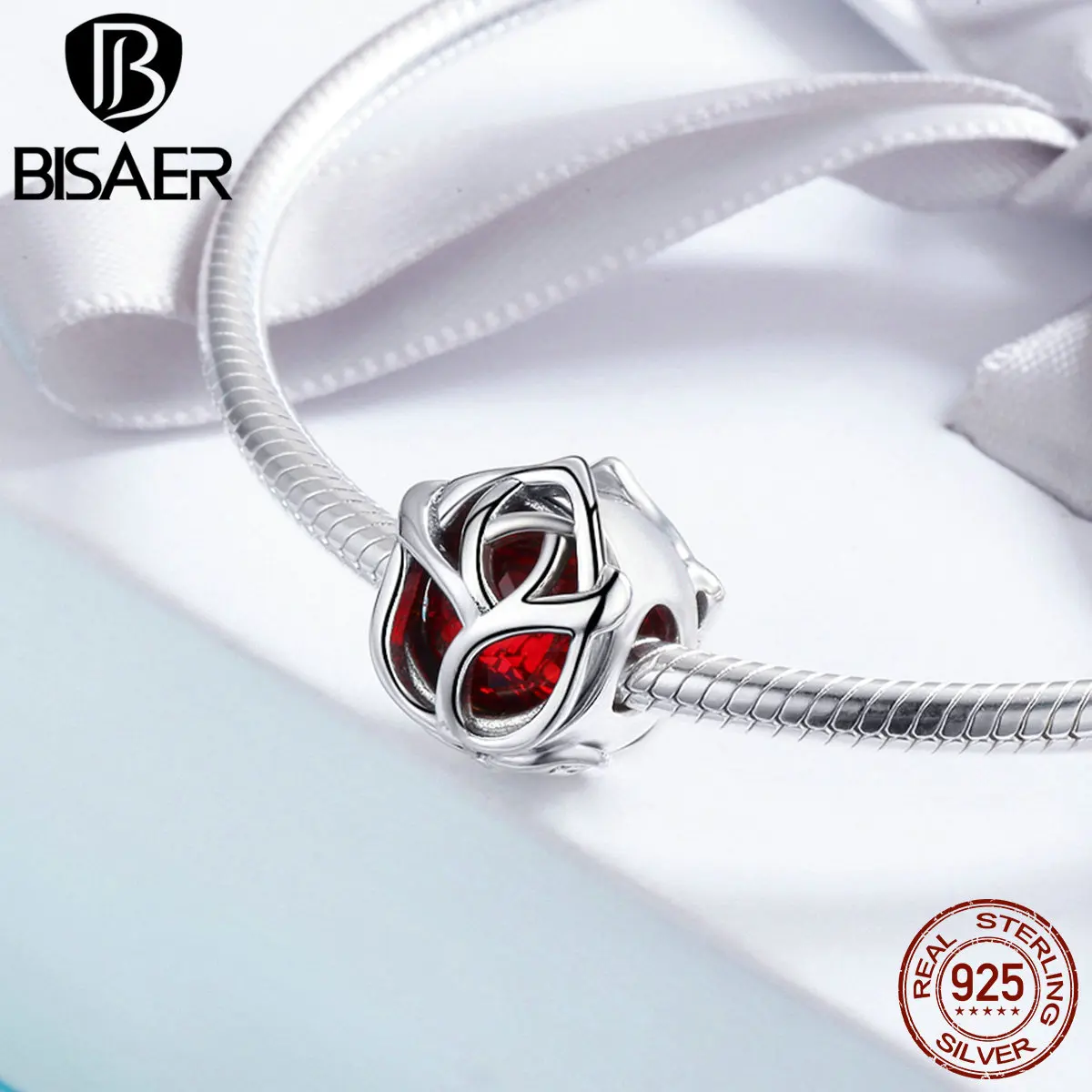 BISAER 100% 925 пробы серебра Perles Романтический Красная роза цветок Форма шарма бусины