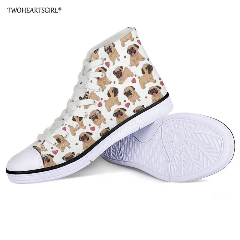 Twoheartsgirl Hippies Pug Women Lace up Canvas Shoes High-top Comfortable Vulcanized Students High Quality Sneakers | Обувь