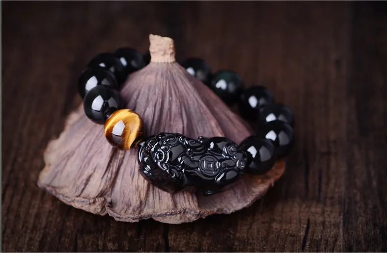 Браслет с тигром из черного обсидиана натурального камня 10 мм 12 14 16 бусинами|bead