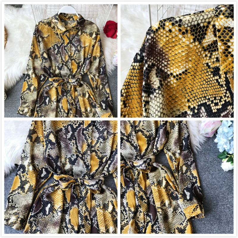 Женское леопардовое платье рубашка с поясом и длинным рукавом Вечерние Платья