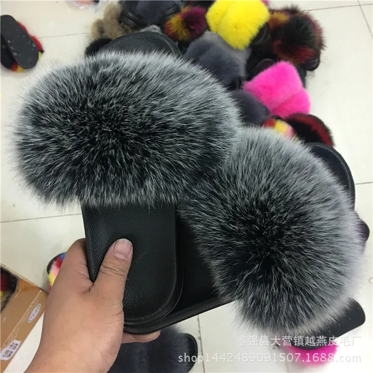 Женские меховые тапочки из лисьего меха домашние пушистые Плюшевые Пушистые